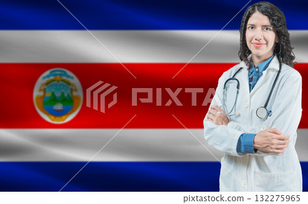 Costa Rican medicine and healthcare concept. Close up of doctor against Costa Rica flag background 132275965