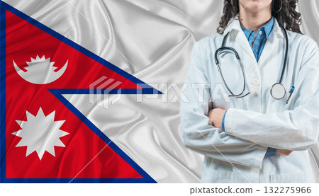 Medical professional on Nepali flag. Healthcare and wellness in Nepal, Concept 132275966