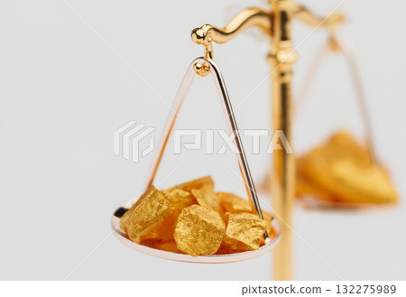 Beautiful Golden Balance Scales with little pieces of gold. Gold cost climbing up. Finance, gold theme Beautiful Golden Balance Scales with little pieces of gold. Gold cost climbing up. Finance, gold theme 132275989