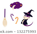 Halloween Snake in Witch Hat and Cloak Broom Crescent on Cloud with Stars and Striped Candy Cane Set 132275993