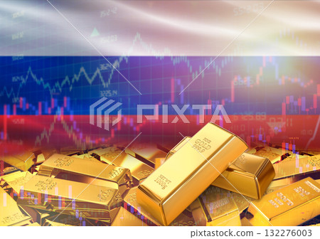 Gold bars on Russia flag in background. Gold bars stacked on Russian flag. Concept of Russia gold reserves Gold bars on Russia flag in background. Gold bars stacked on Russian flag. Concept of Russia gold reserves 132276003