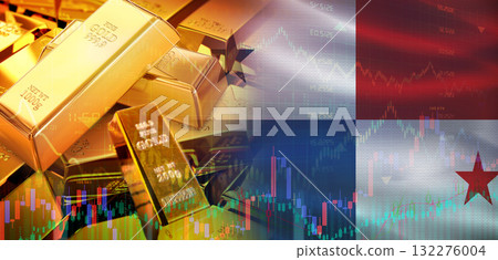 Gold bars stacked on Panamanian flag. Panama gold reserves, Concept 132276004