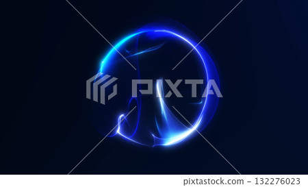 Glowing blue energy sphere with digital plasma flow and luminous reflections on dark background. Abstract futuristic orb illustration. 132276023