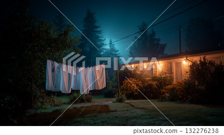 Halloween night scene with white sheets hanging on clothesline near spooky house 132276238
