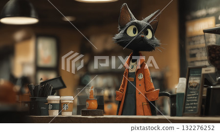 Black cartoon cat barista in coffee shop wearing orange coat Black cartoon cat barista in coffee shop wearing orange coat 132276252