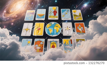 Tarot cards arranged against the backdrop of space 132276270