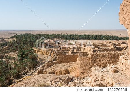 Aerial view of Chebika oasis and old village. Tunisia Aerial view of Chebika oasis and old village. Tunisia 132276536