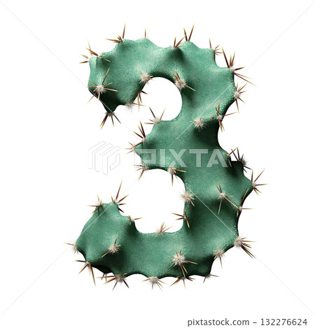 Creative Letter Three in Cactus Design with Spikes and Green Texture on White 132276624