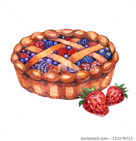 Traditional berry pie tart. Watercolor illustration of sweet baked pastry food or dessert. Different flavors of pie pastries isolated on white background. Traditional berry pie tart. Watercolor illustration of sweet baked pastry food or dessert. Different flavors of pie pastries isolated on white background. 132276721