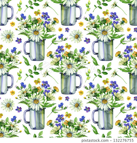 Floral seamless pattern with mug and bouquet of wildflowers with daisies. Hand drawn watercolor for print, fabric 132276755