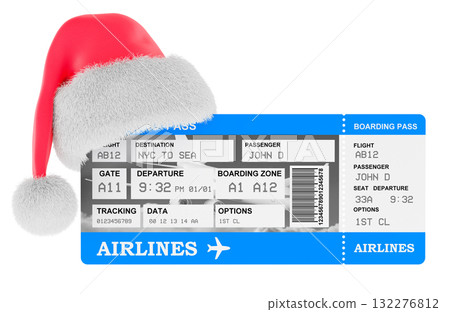 Airline Boarding pass ticket with Santa Claus hat. 3D rendering 132276812