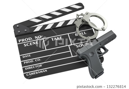 Film clapperboard with handcuffs and pistol. Crime film or detective concept, 3D rendering Film clapperboard with handcuffs and pistol. Crime film or detective concept, 3D rendering 132276814