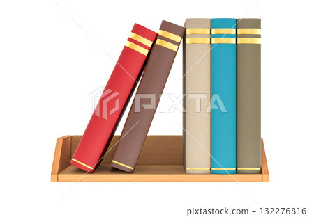 Hardcover Books on wooden shelf, 3D rendering 132276816