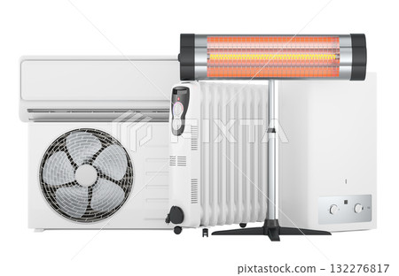 Home heating appliances. Air conditioner, oil radiator, infrared heater and wall gas boiler, 3D rendering Home heating appliances. Air conditioner, oil radiator, infrared heater and wall gas boiler, 3D rendering 132276817