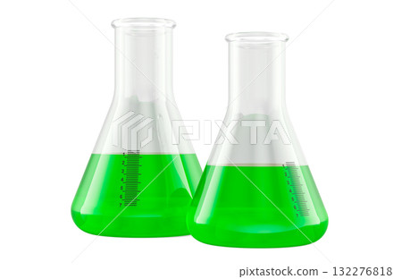 Laboratory flasks with green liquid, 3D rendering 132276818