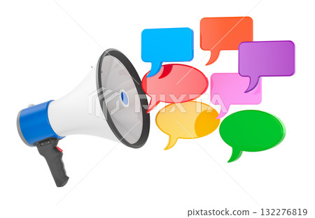 Megaphone with colorful speech bubbles. 3D rendering Megaphone with colorful speech bubbles. 3D rendering 132276819