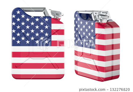 Metal jerrycans with American flag. 3D rendering Metal jerrycans with American flag. 3D rendering 132276820