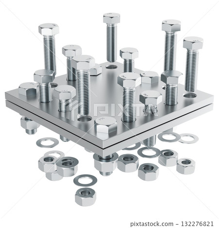Metal plates with bolts, nuts and washers. 3D rendering 132276821