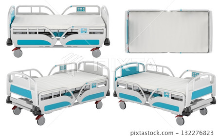 Modern electric hospital bed with adjustable side rails, integrated control panels, shown from multiple angles. 3D rendering 132276823