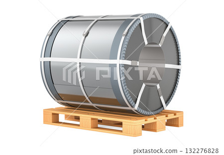 Roll of sheet steel on wooden pallet, 3D rendering 132276828