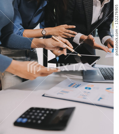 Accounting company provide finance and taxation planning for profitable cash flow, Auditor and accountant team working in office, analyze financial data and accounting record with calculator.Insight 132276905