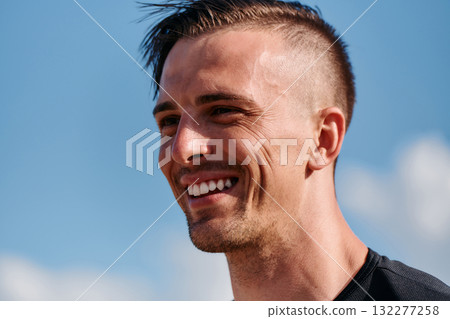 Post Run Tranquility Close-Up Portrait of a Man Finding Peace After Intense Training 132277258