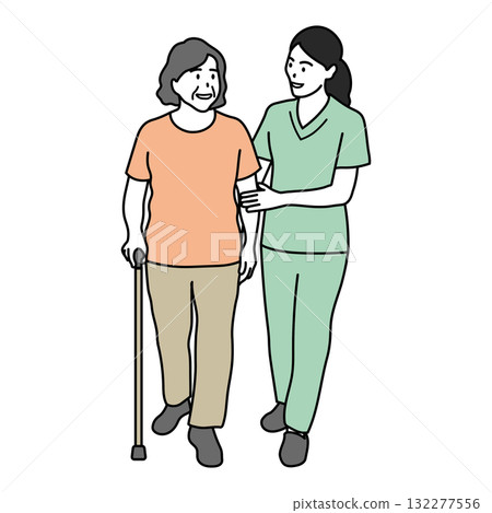 護理人員扶著老人行走的場景插圖 132277556