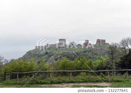 Beautiful view of ancient ruins Hammershus in cloudy weather on the island Bornholm, Denmark 132277641