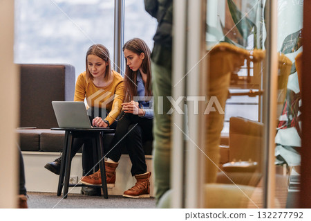 Business Colleagues Reviewing Work on Laptop During Break Business Colleagues Reviewing Work on Laptop During Break 132277792