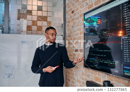 African American businessman delivers a compelling presentation of his business strategy to his colleagues, fostering collaboration and forward thinking 132277865
