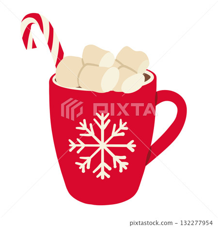 Christmas cocoa drink with marshmallows. Hot chocolate drink mug on white background. Winter season drink doodle illustration Christmas cocoa drink with marshmallows. Hot chocolate drink mug on white background. Winter season drink doodle illustration 132277954