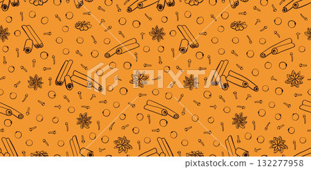 Spices seamless pattern with cinnamon, star anise, cloves, pepper, and berries in doodle style. Drink background for seasonings and spices. Spices seamless pattern with cinnamon, star anise, cloves, pepper, and berries in doodle style. Drink background for seasonings and spices. 132277958