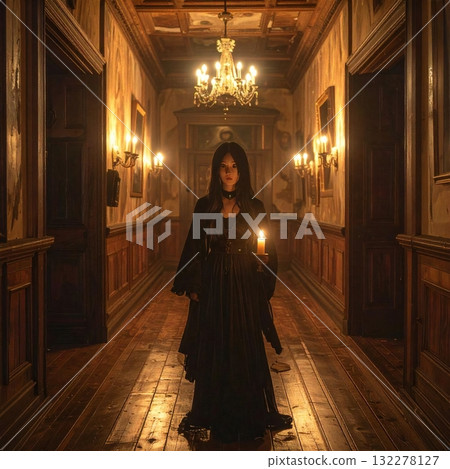 萬聖節之夜，一位身穿黑色洋裝的女子手持蠟燭，走在一棟老式西式房屋的走廊上，這幅奇幻場景 132278127