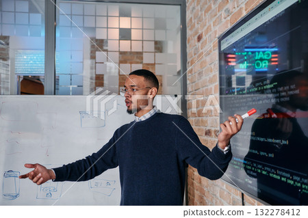 African American businessman delivers a compelling presentation of his business strategy to his colleagues, fostering collaboration and forward thinking 132278412