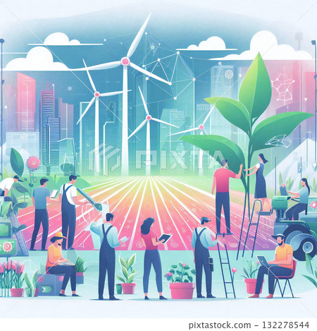 Illustration depicting collaboration in regional revitalization and community development / Smart agriculture / Created with the subtitle Regional revitalization 132278544