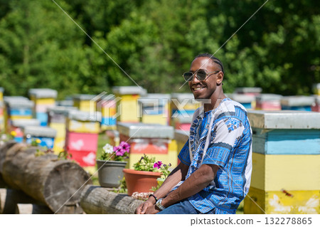 African American Teenager Exploring Small Beekeeping Businesses in Traditional Sudanese Attire amidst Nature 132278865