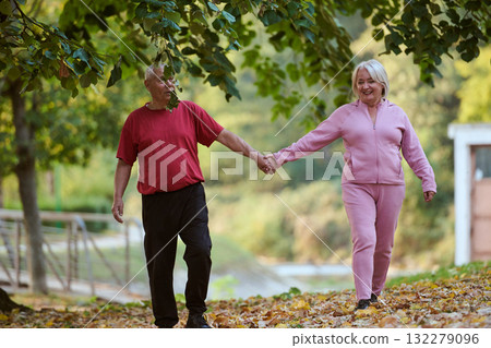 Elderly couple strolling through the breathtaking beauty of nature, maintaining their vitality and serenity, embracing the joys of a health-conscious and harmonious lifestyle Elderly couple strolling through the breathtaking beauty of nature, maintaining their vitality and serenity, embracing the joys of a health-conscious and harmonious lifestyle 132279096