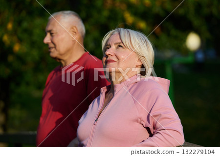 Elderly couple strolling through the breathtaking beauty of nature, maintaining their vitality and serenity, embracing the joys of a health-conscious and harmonious lifestyle Elderly couple strolling through the breathtaking beauty of nature, maintaining their vitality and serenity, embracing the joys of a health-conscious and harmonious lifestyle 132279104