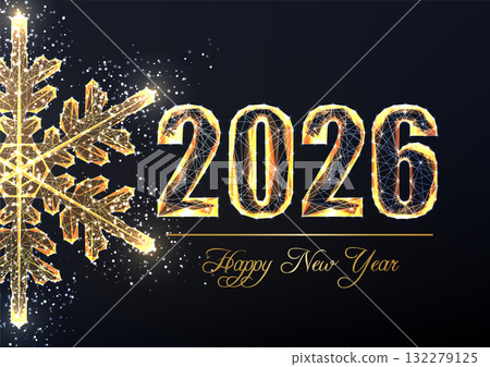 2026 Happy New Year vector illustration with glowing gold snowflake and festive low poly style 2026 Happy New Year vector illustration with glowing gold snowflake and festive low poly style 132279125