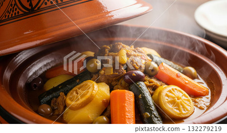 Steaming authentic Moroccan chicken or lamb tagine being prepared and served Steaming authentic Moroccan chicken or lamb tagine being prepared and served 132279219