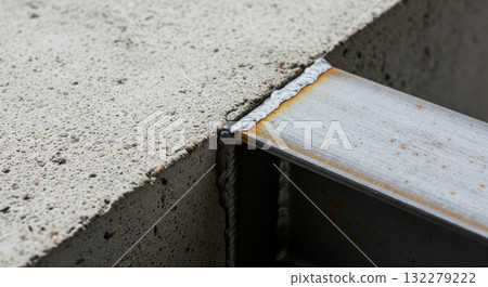 A rough-textured concrete column and a dark, raw steel I-beam. 132279222