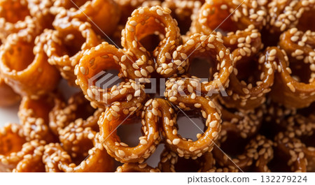 An extreme close-up, mouth-watering video of a stack of golden-brown Chebakia pastries, a traditional Maghrebi sweet. 132279224