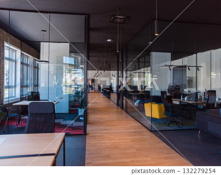 In a setting of modern, glass-walled business startup offices, the open, airy workspace reflects a contemporary and innovative ambiance, promising a dynamic environment for entrepreneurial growth In a setting of modern, glass-walled business startup offices, the open, airy workspace reflects a contemporary and innovative ambiance, promising a dynamic environment for entrepreneurial growth 132279254