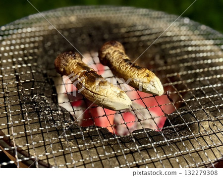 Matsutake mushrooms grilled on a charcoal grill Matsutake mushrooms grilled on a charcoal grill 132279308