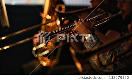 Trumpet player performing in jazz orchestra Trumpet player performing in jazz orchestra 132279350