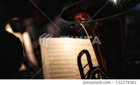 Brass instrument and music sheet on orchestra stage 132279361