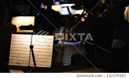 Orchestra stage with music sheets and cymbals 132279362