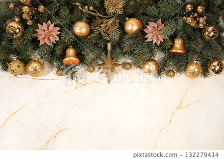 A beautiful Christmas and New Year's background with lights, decorations, toys, and fir branches. A festive winter card and banner on the screen, product design for holiday advertising, A beautiful Christmas and New Year's background with lights, decorations, toys, and fir branches. A festive winter card and banner on the screen, product design for holiday advertising, 132279414