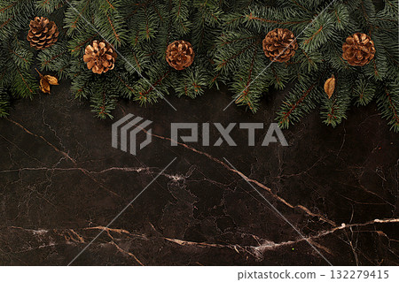 Festive winter greeting card and banner on the screen, Beautiful Christmas and New Year background with pine cones and live fir branches, product design for holiday advertising, Christmas Eve concept Festive winter greeting card and banner on the screen, Beautiful Christmas and New Year background with pine cones and live fir branches, product design for holiday advertising, Christmas Eve concept 132279415