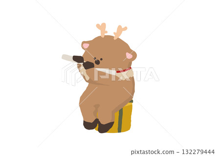 馴鹿銅管樂隊，一隻馴鹿吹笛子的可愛聖誕插圖（冬天，音樂） 132279444